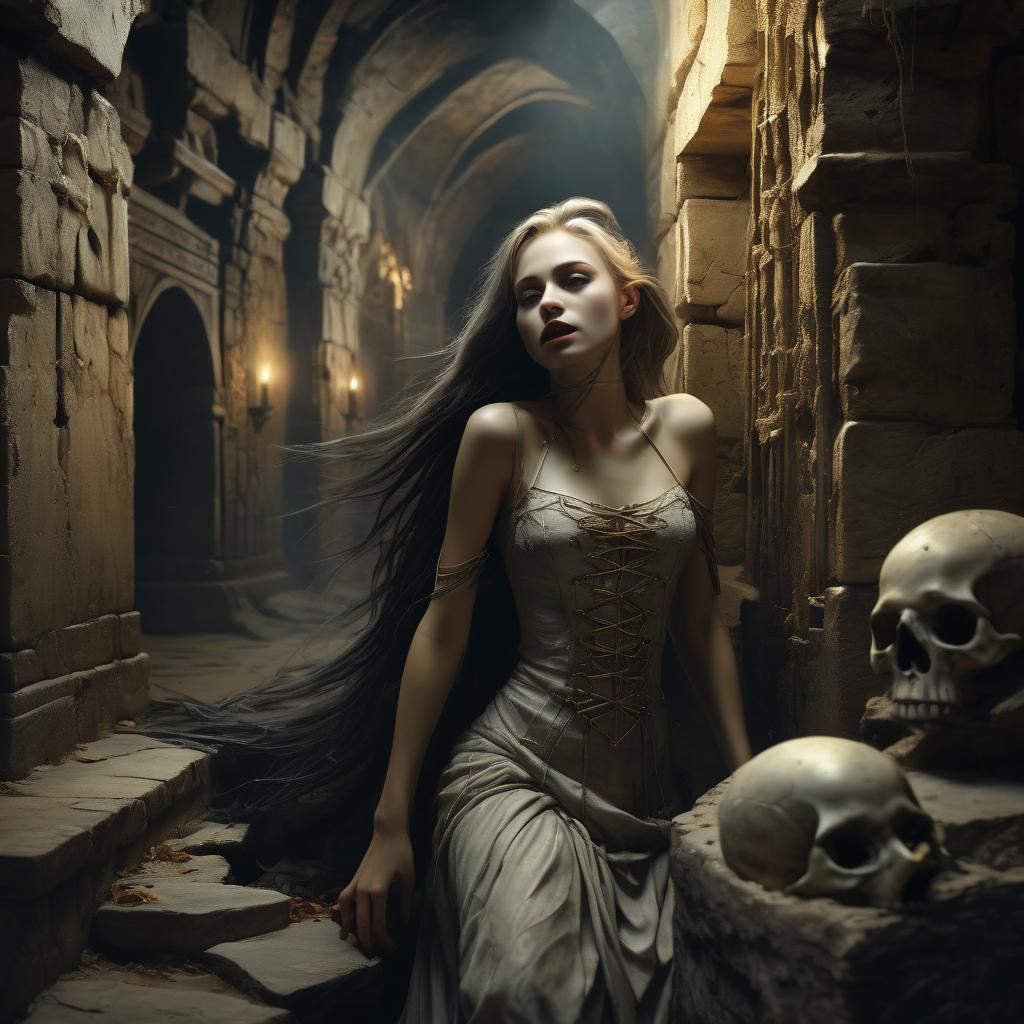 Romantic Vampire in Catacomb: Oil Painting