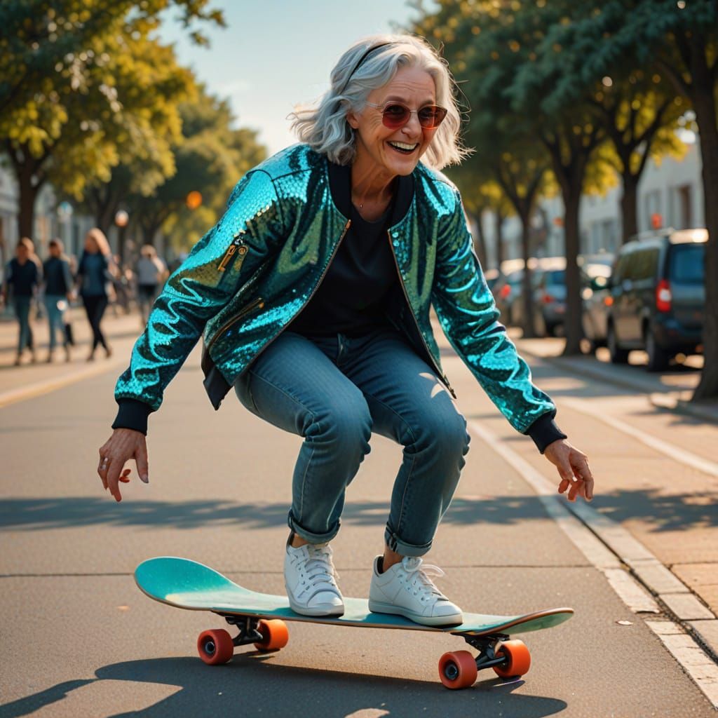 Joyful Silver-Haired Skater Lands Kickflip in Digital Art