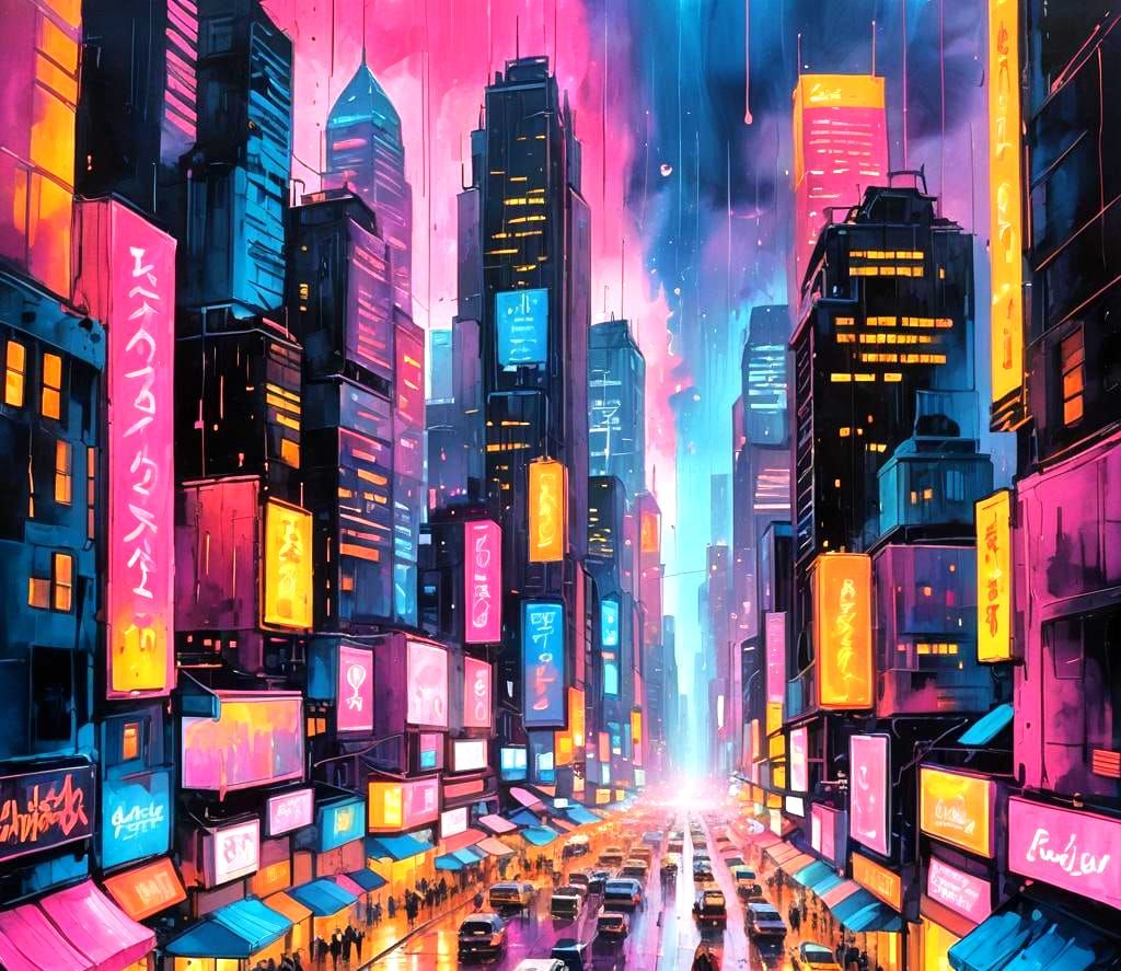 Cyberpunk City Festival in Gouache Style