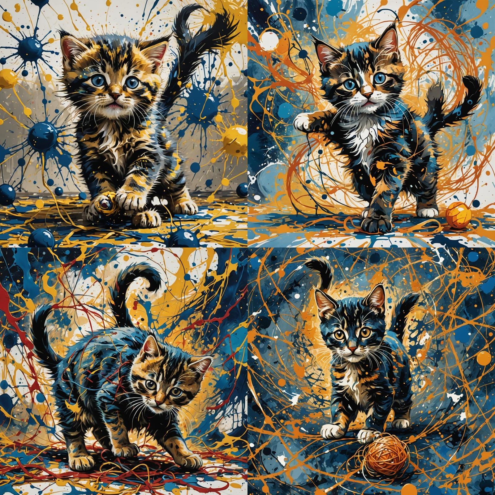 Kitten with String in Abstract Expressionist Style