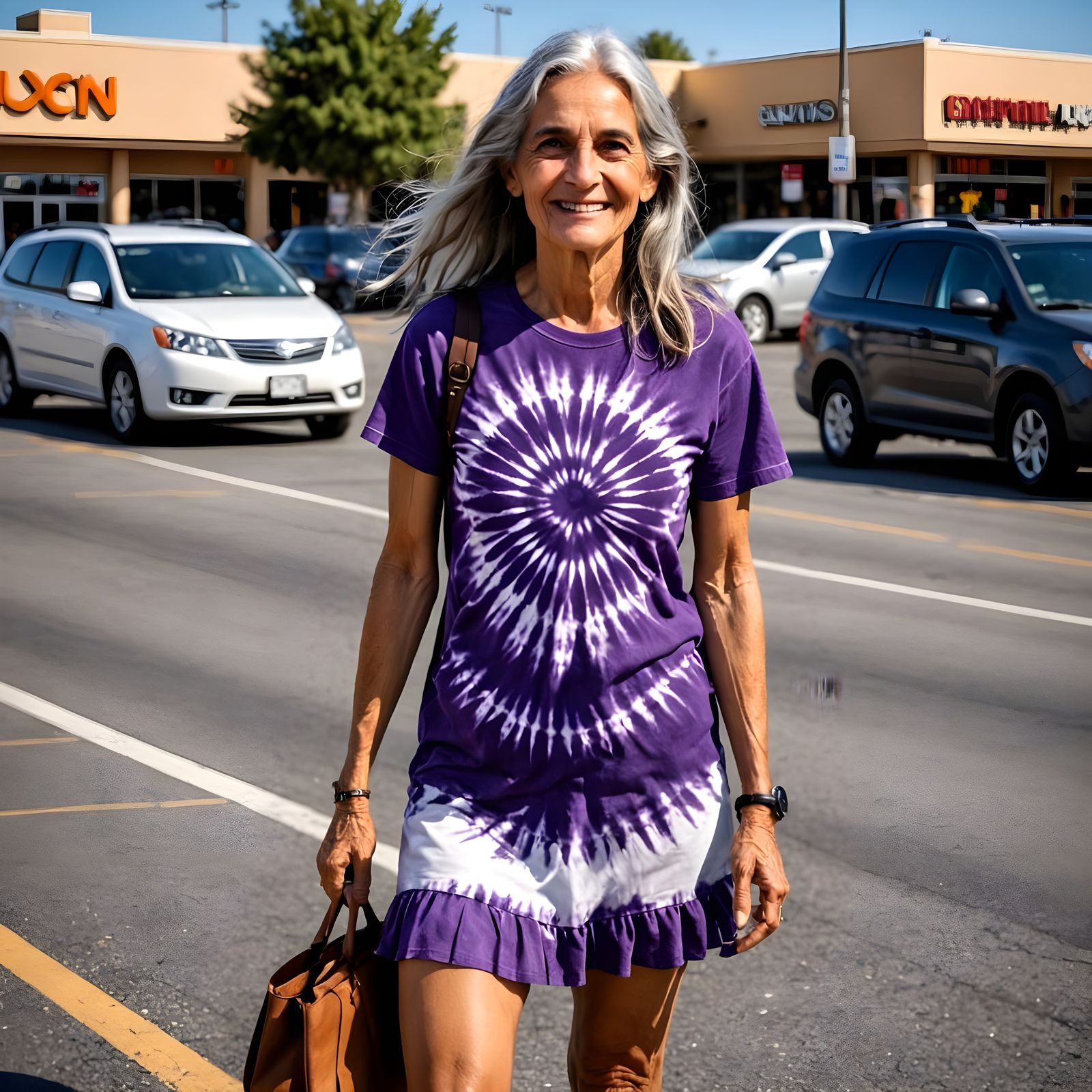 Vintage Hippie Woman Exudes Youthful Charm in Grocery Store