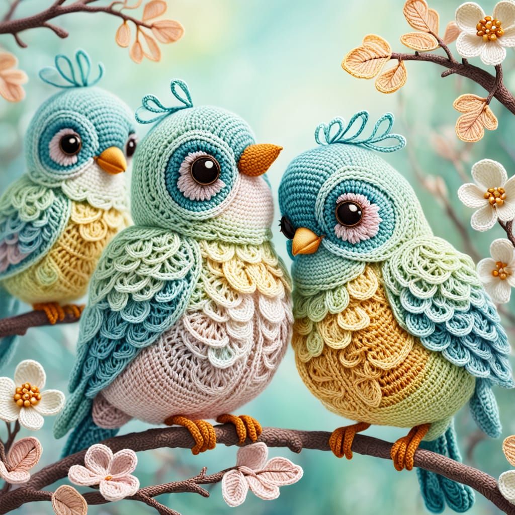 Whimsical Crochet Birds Perched in Nature