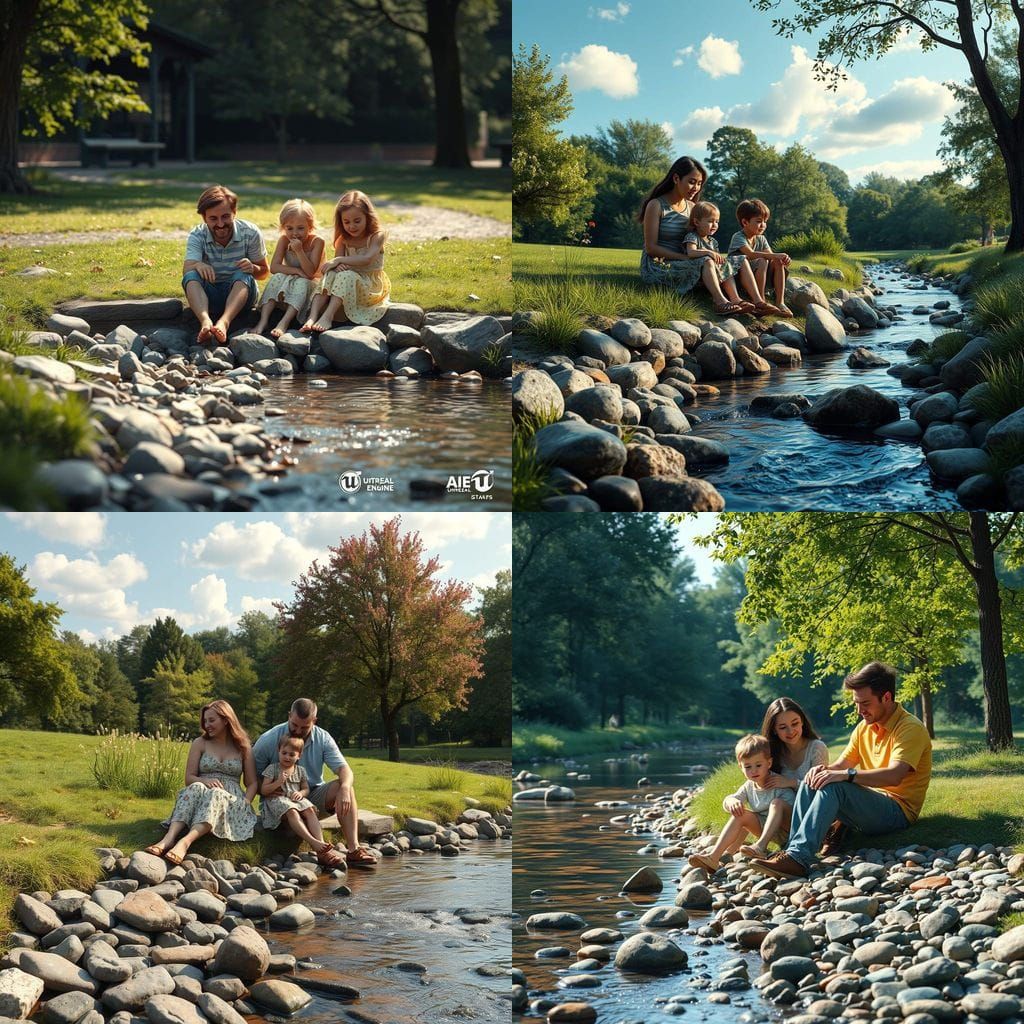 Idyllic Family Moment by a Serene Stream in Detailed Fantasy...