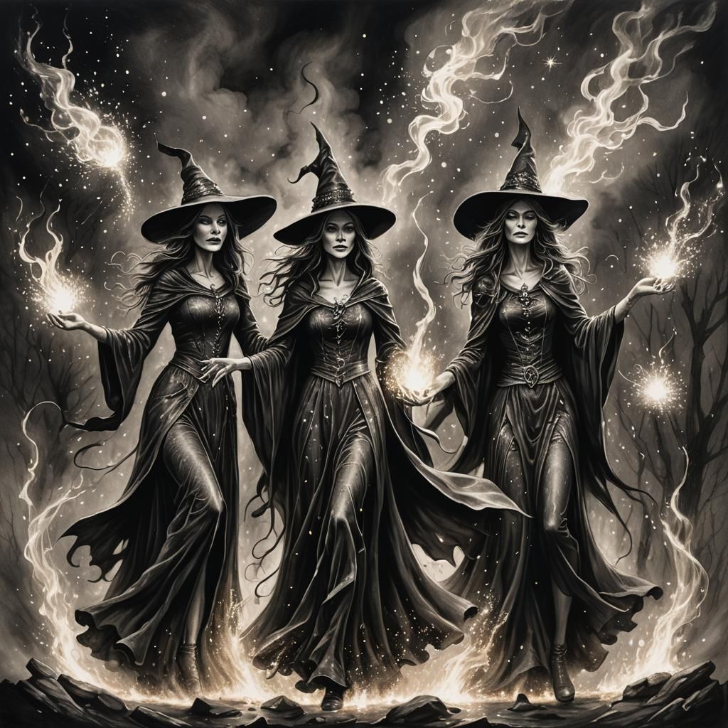 Hyperdetailed Charcoal Drawing of Three Powerful Witches