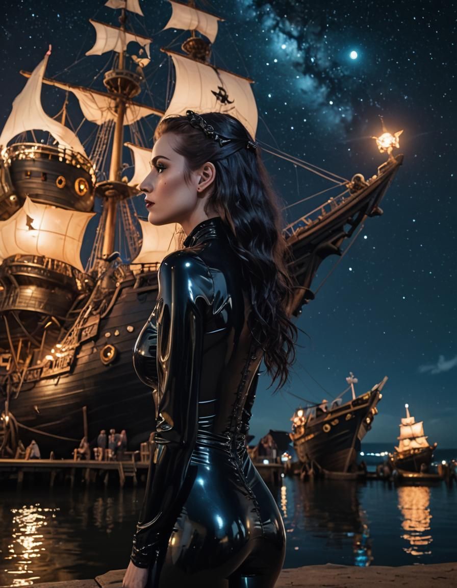 Woman Reflecting Night Sky Before Pirate Ship