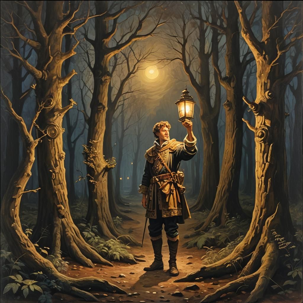 Sagitarius in Moonlit Forest: Baroque Oil Painting