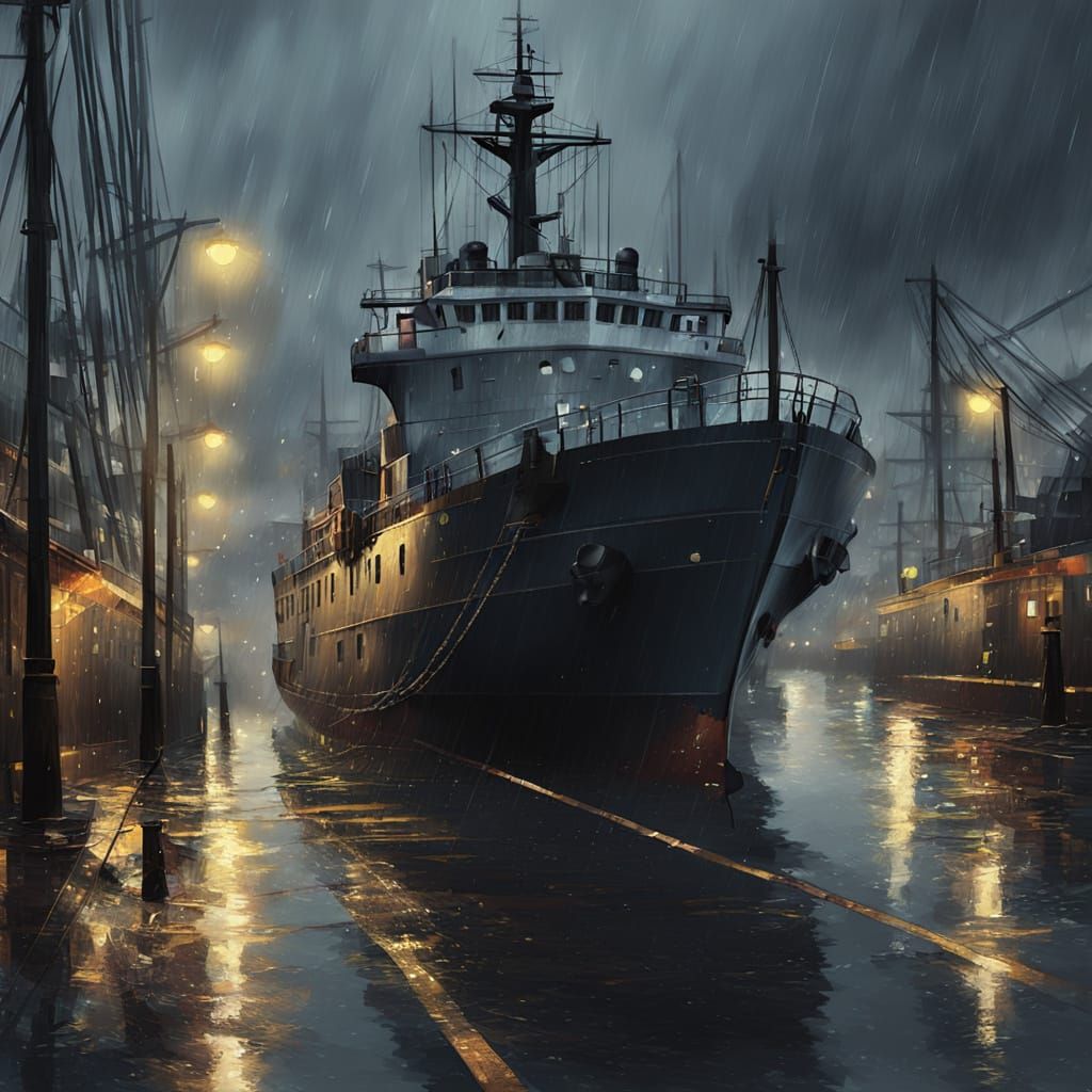 Gloomy Seaport Evening with Blurred Lights