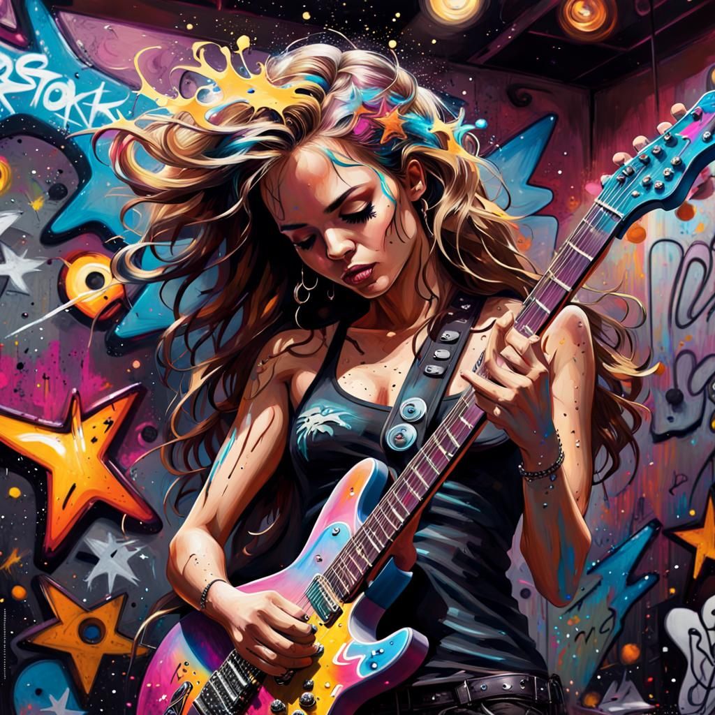 Rock Star Guitarist in Graffiti Splash Art Style