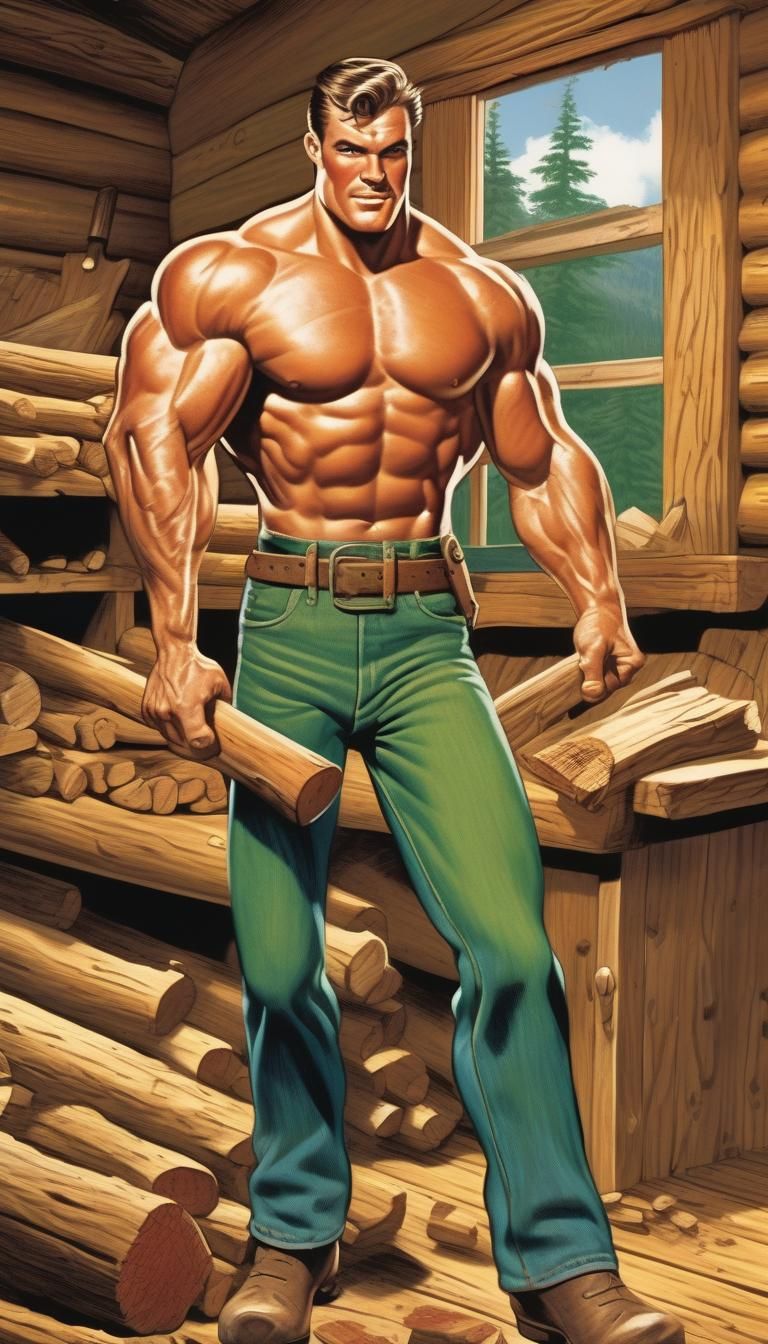 Hypermuscular Man Splitting Logs, 1950s Comic Style