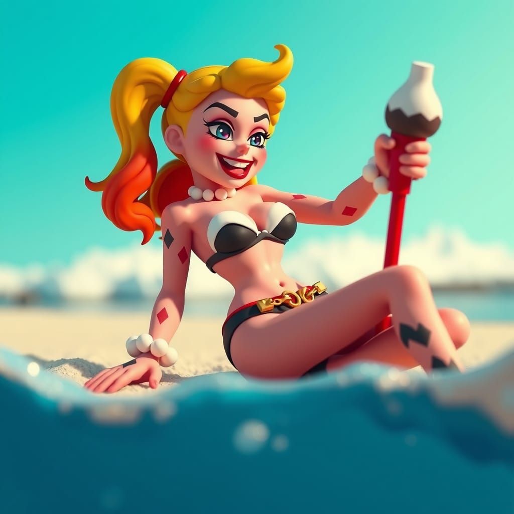 Harley Quinn Sunbathing in Manga Claymation Style