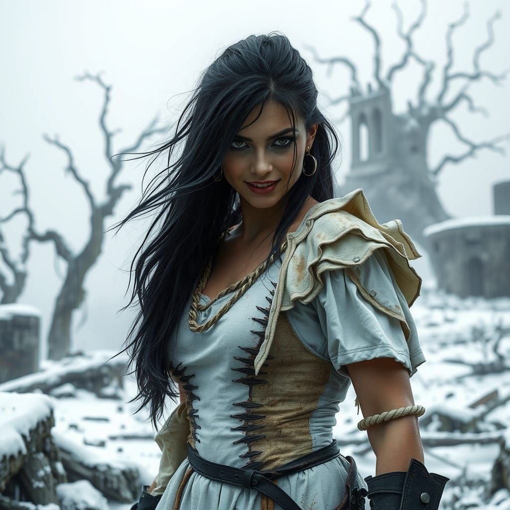 Menacing Woman Warrior in Post-Apocalyptic Winter Landscape
