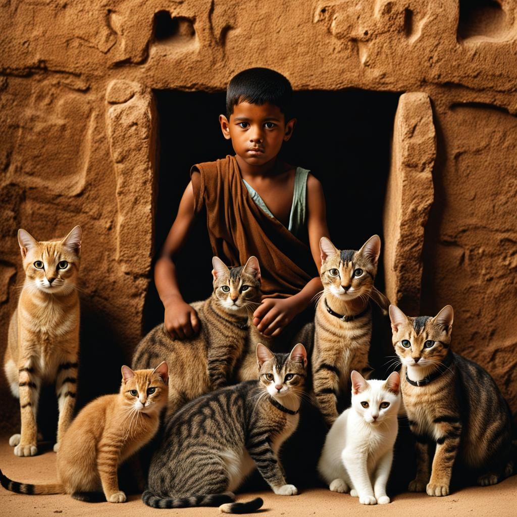 Ancient Egyptian Boy in Bubastis with Cats