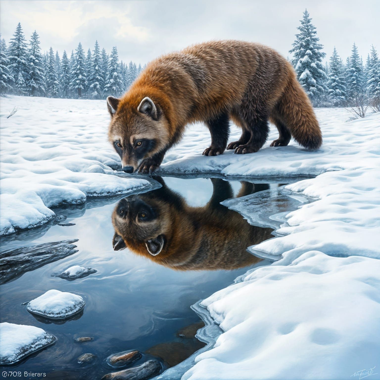 Wolverine Drinks in Winter Wonderland: Oil Painting