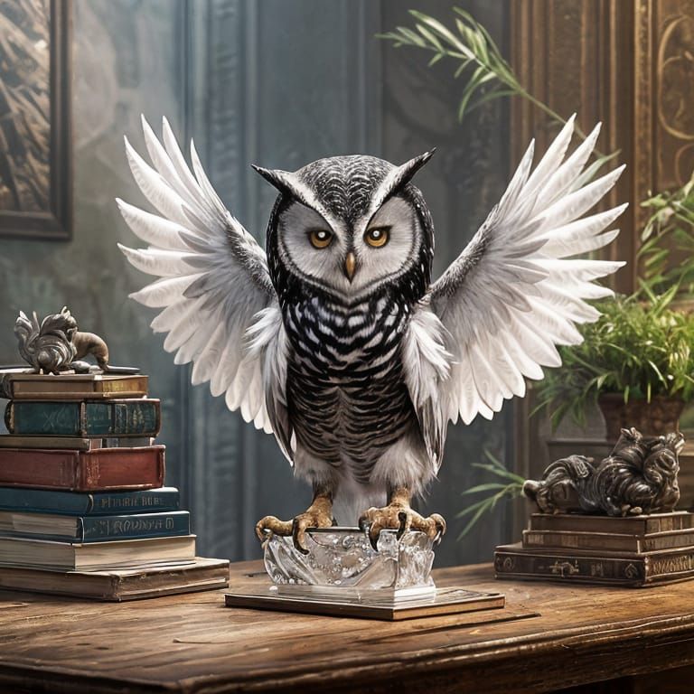 Glassy Crystal White Owl on Black Bed