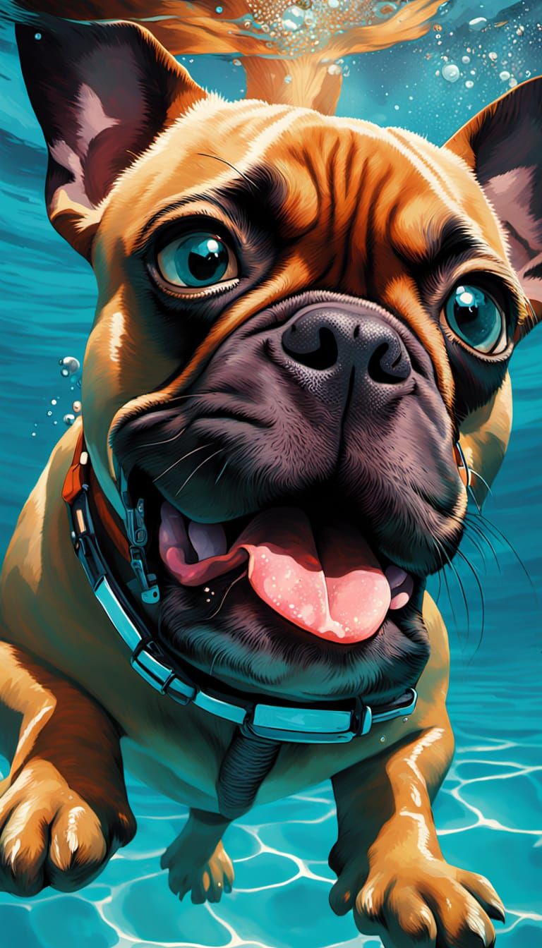 Underwater Pool View with French Bulldog in Pixar Style
