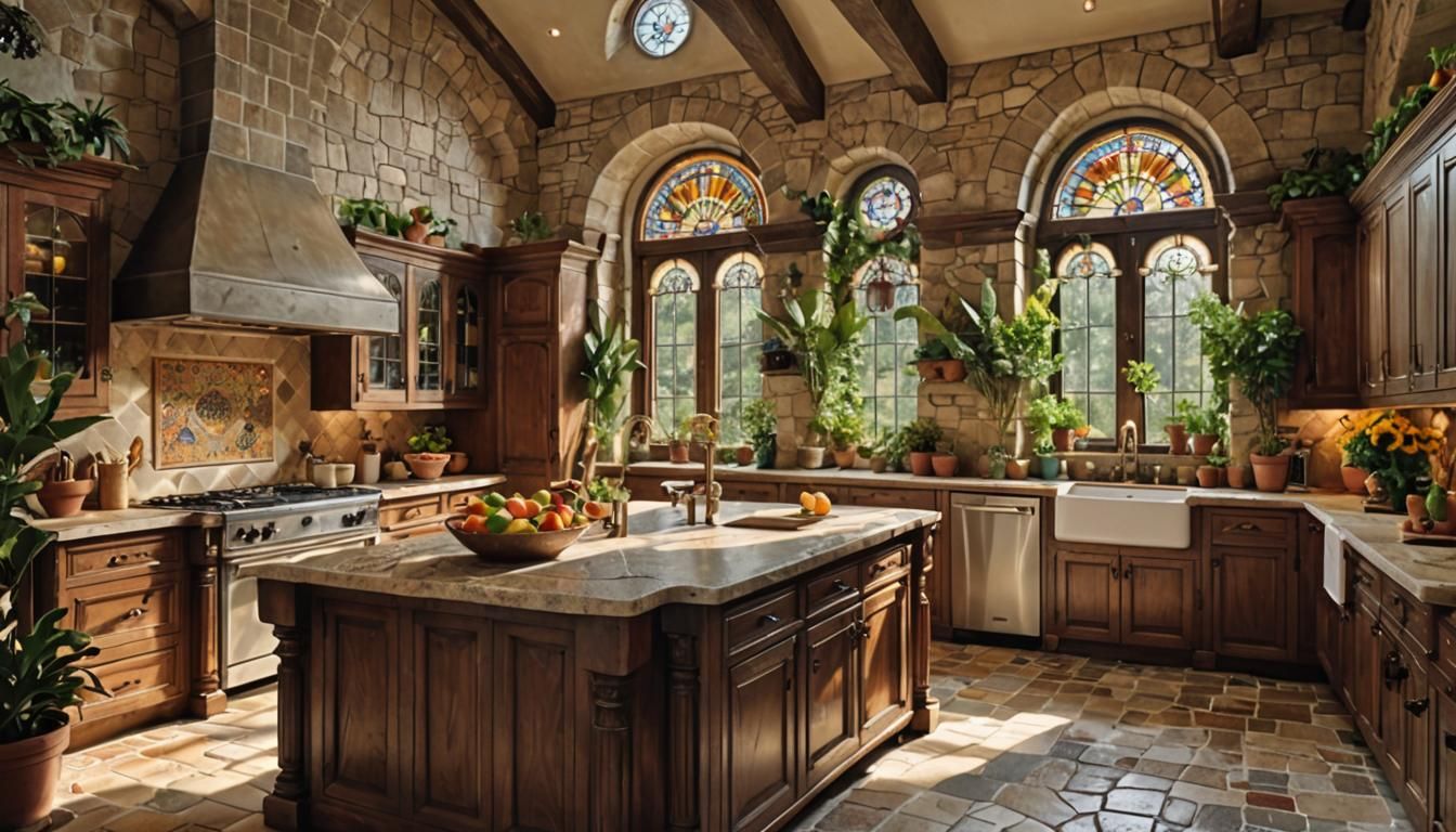 Renaissance Kitchen with Stone Arches and Floral Accents