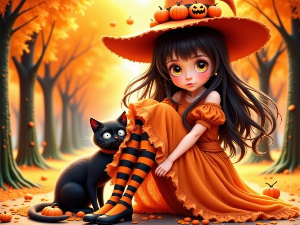 Anime Witch Girl and Black Cat in Autumn Forest