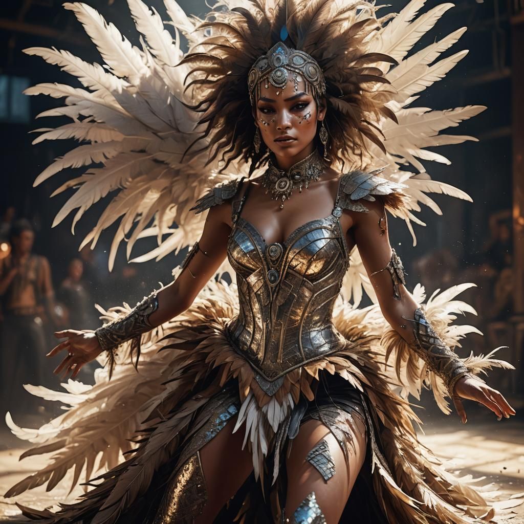 Sultry Dancer in Feathered Costume