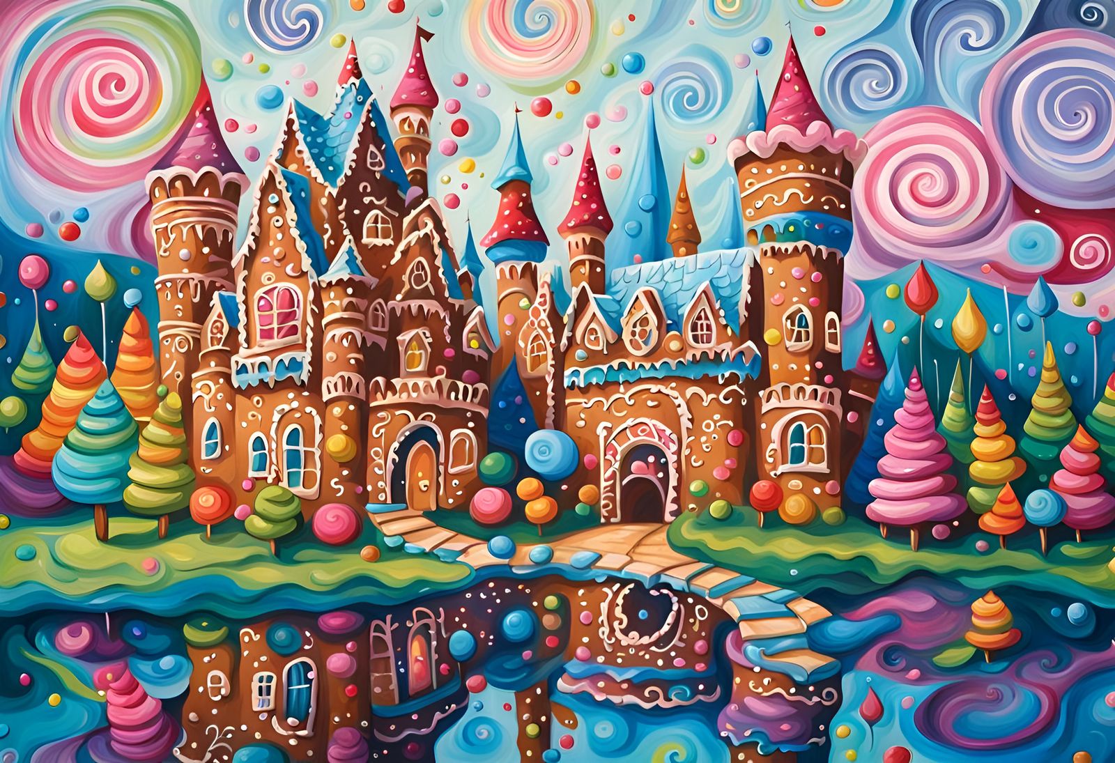 Gingerbread Castle in Candy Land with Gouache Swirls