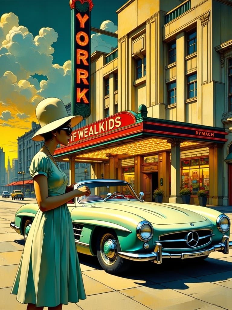 Elegant Woman Stands Beside Classic Silver Convertible in Ar...