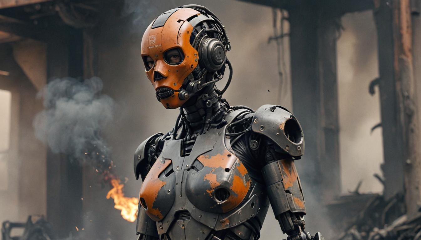 Retro-Futuristic Mechanical Humanoid in Ruined Landscape