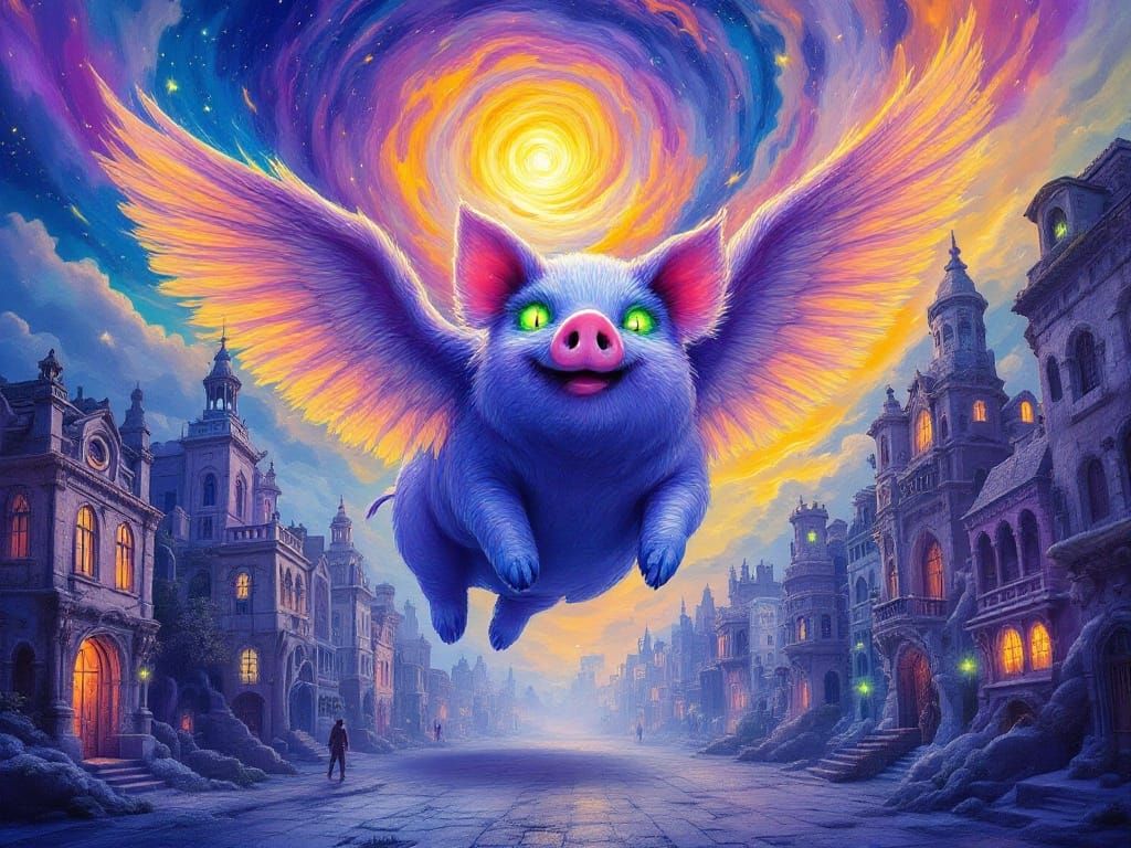 Surrealist Dreamscapes: Giant Purple Pig Soars Through Gothi...