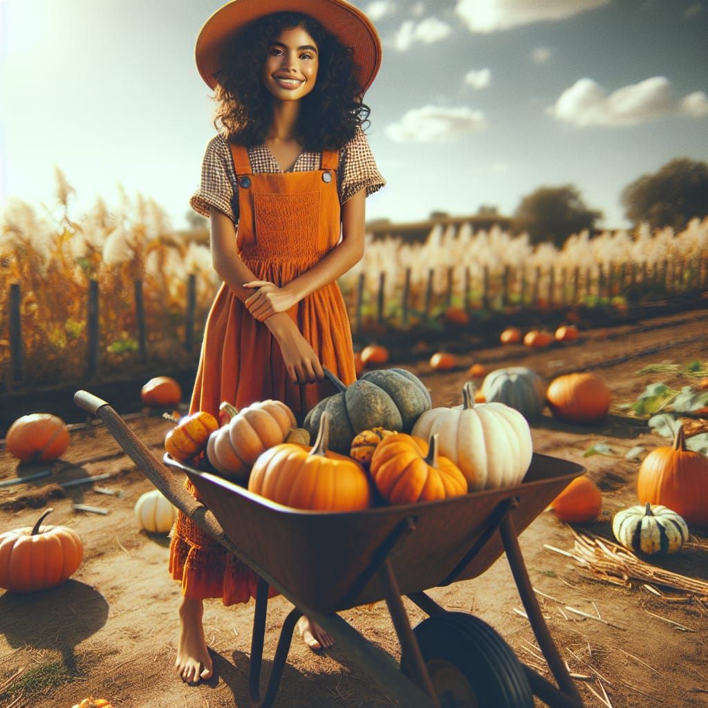 Girl with Pumpkins in Sun-Drenched Autumn Landscape