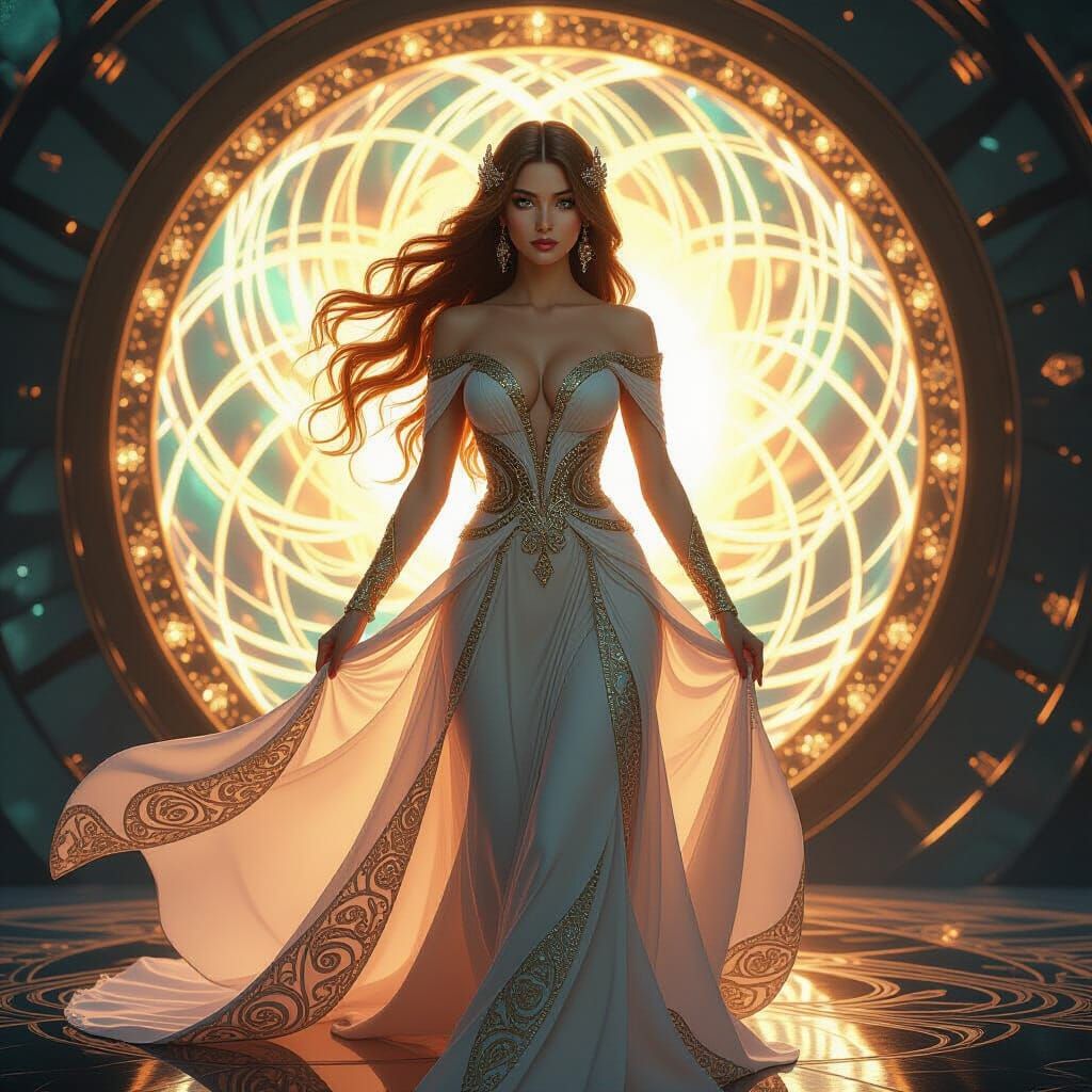 Ethereal Woman Emerges from Portal in Digital Art Style