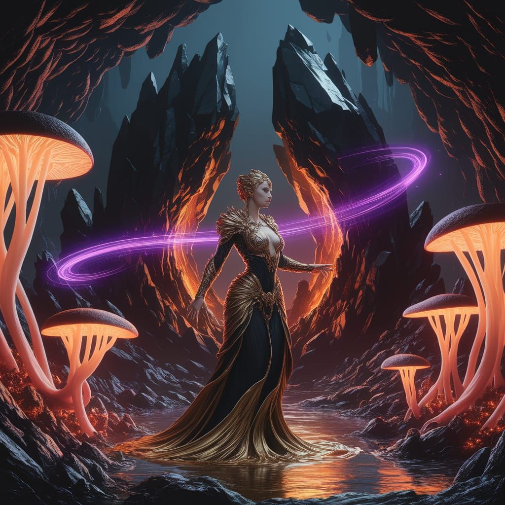 Goddess Warrior in Alien Dimension with Bioluminescent Flora