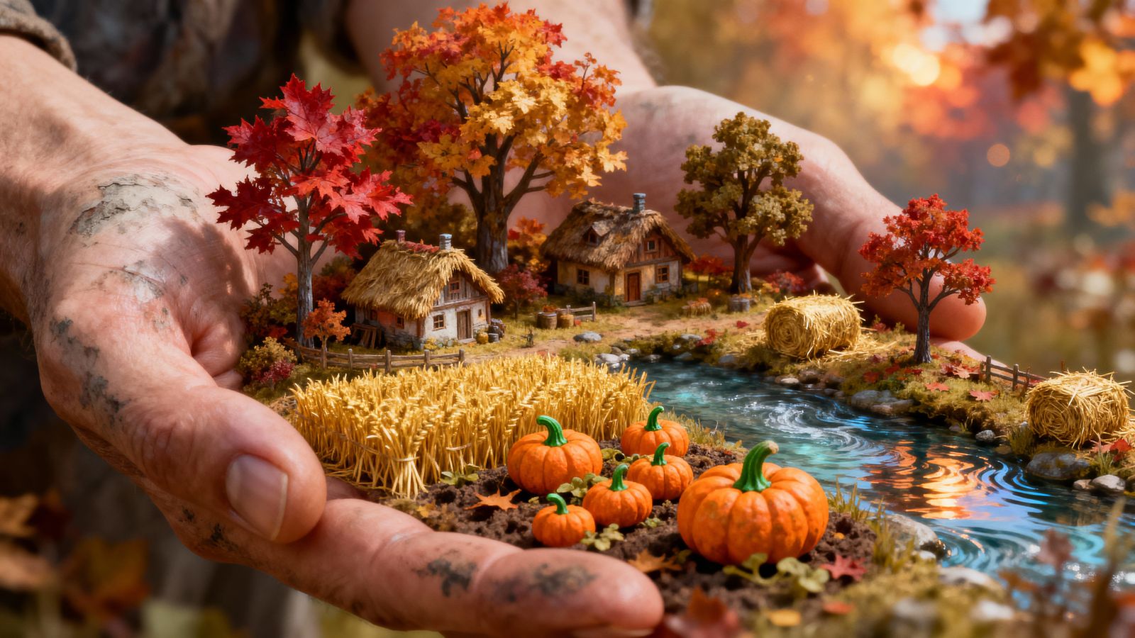 Autumn Cottages and Hay Field Held in Hand