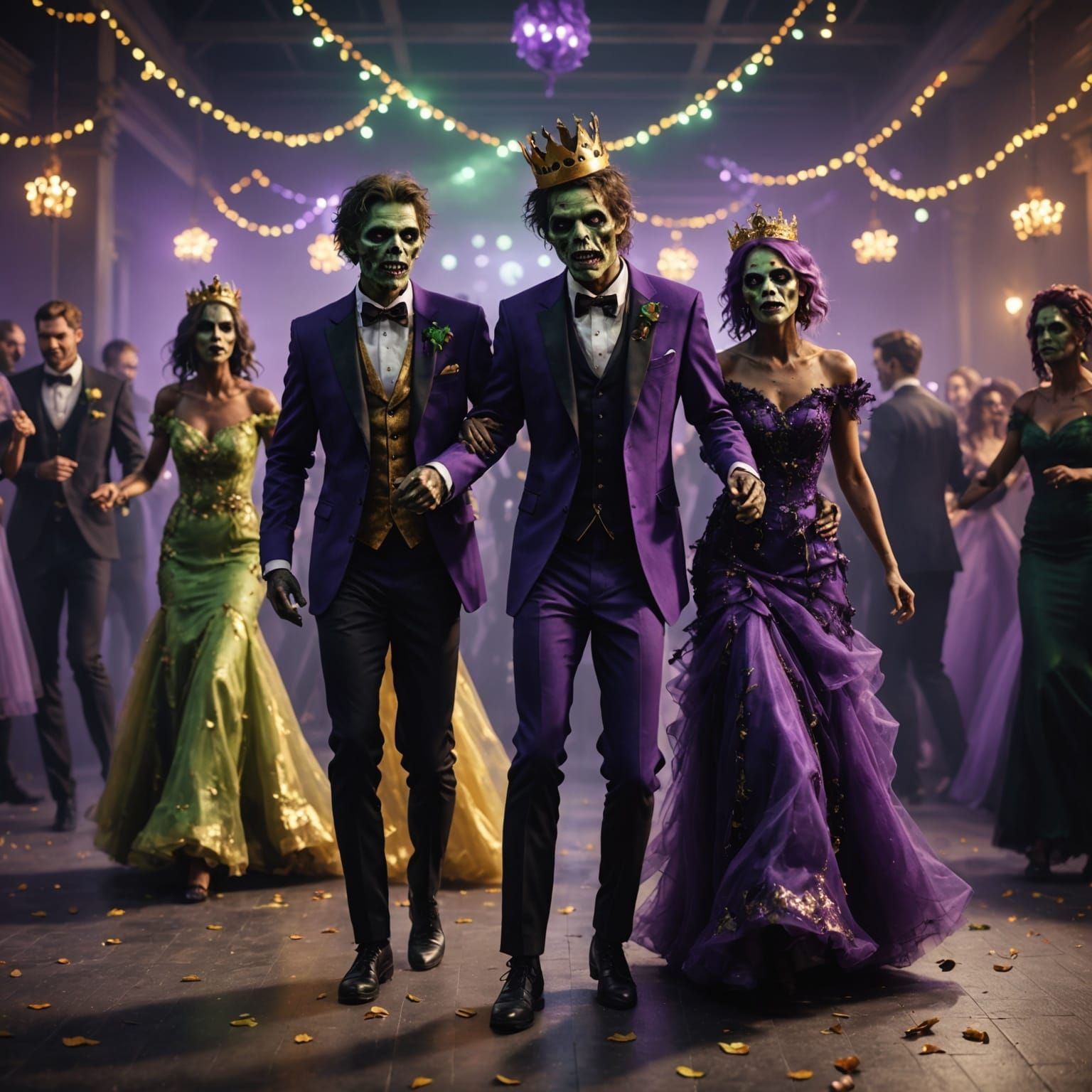 Zombies Dance at Halloween Prom in Purple, Gold, and Green
