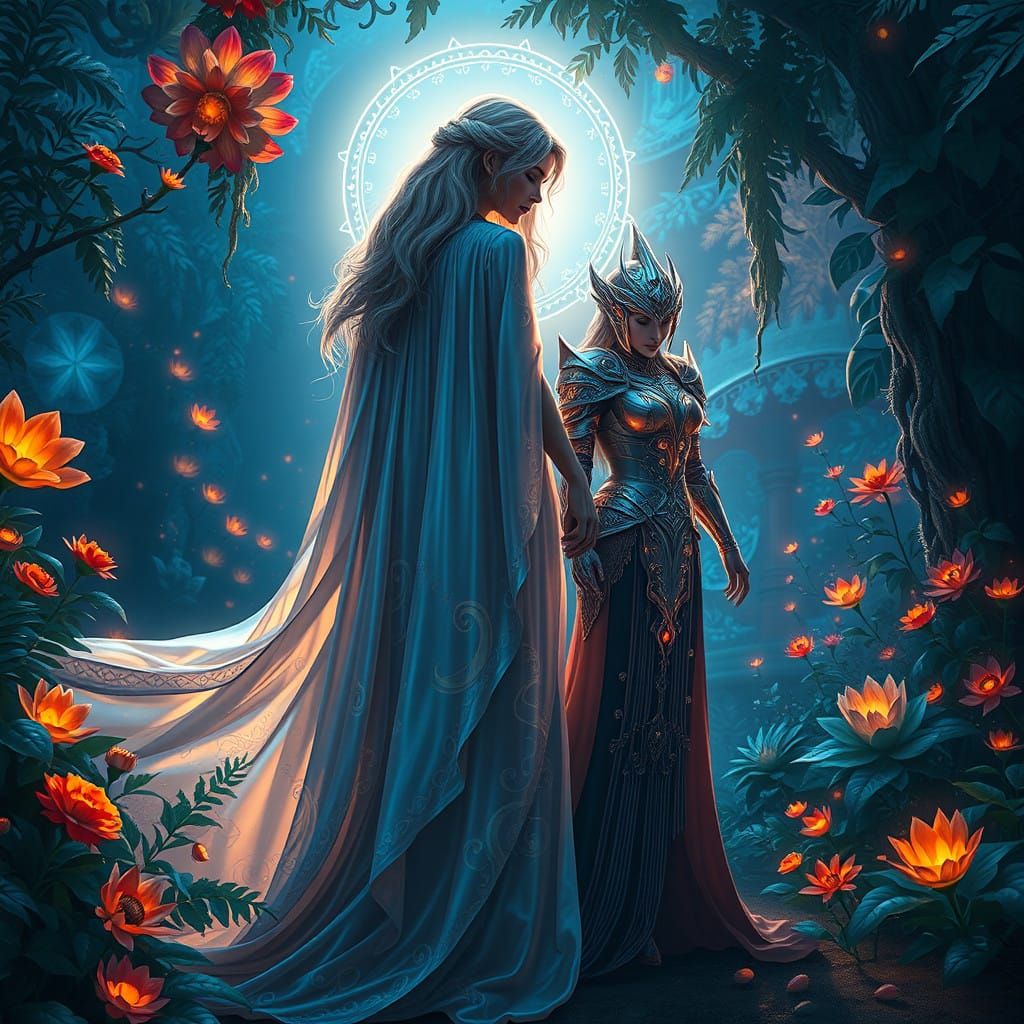 Ethereal Goddess Surrounded by Vibrant, Glowing Garden