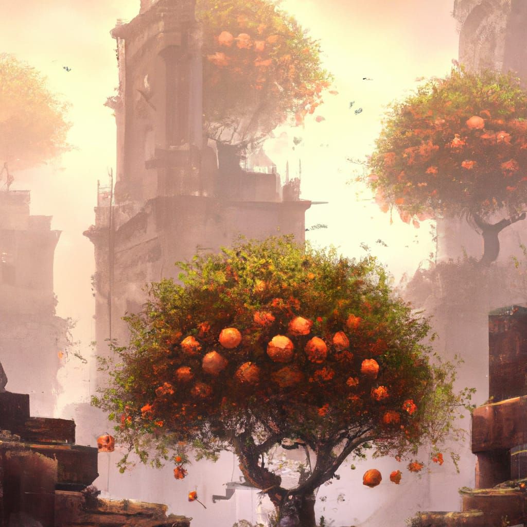 Orange Tree Amidst Ruined City: Ethereal Fantasy Art