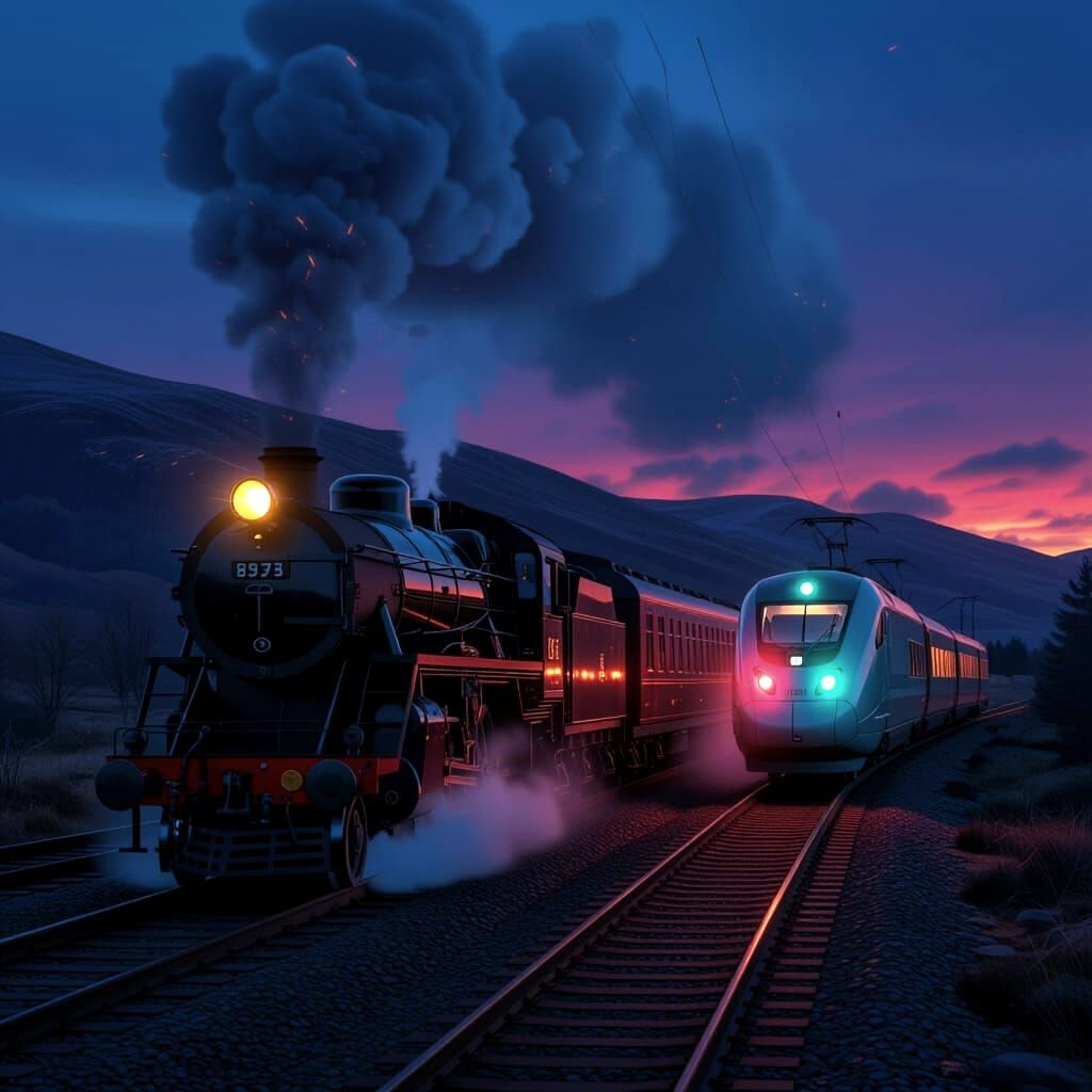 Steam Locomotive Meets Quantum Train at Dusk Highlands