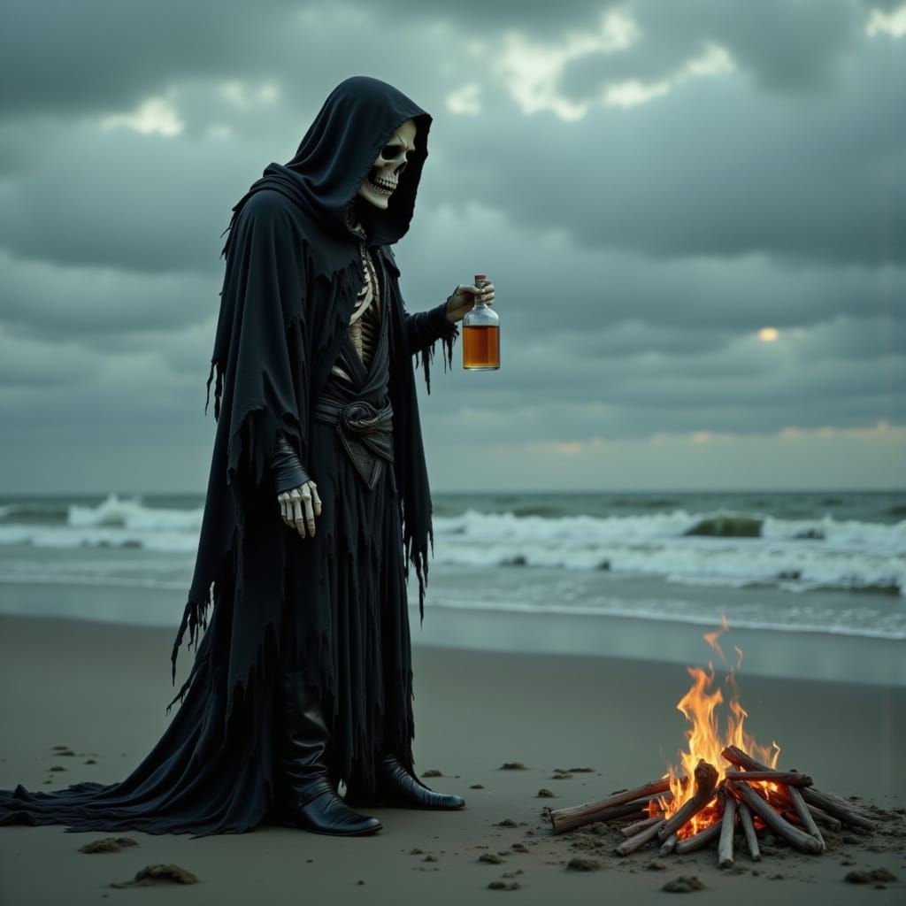 Grim Reaper on Desolate Beach in Melancholy Mood