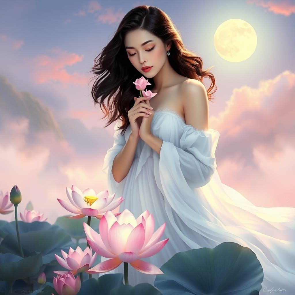 A serene woman adorned with flowers gently holds a delicate flower above a blooming lotus in a tranquil, pastel-hued lan...