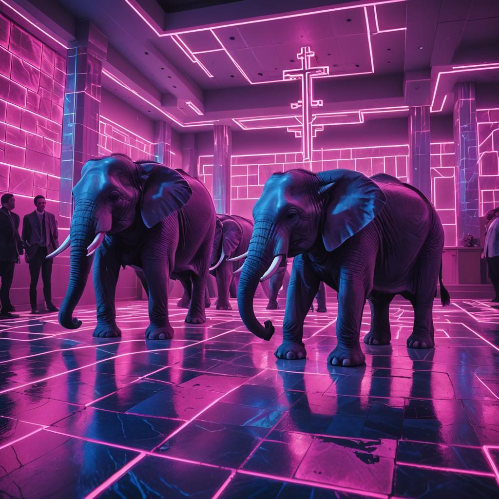 Synthwave Elephants Clash in Neon Church