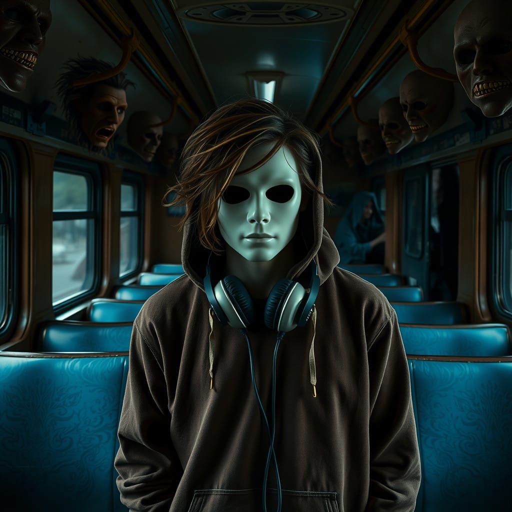 Surreal Train Car Encounter in a Haunting, Cyberpunk Aesthet...