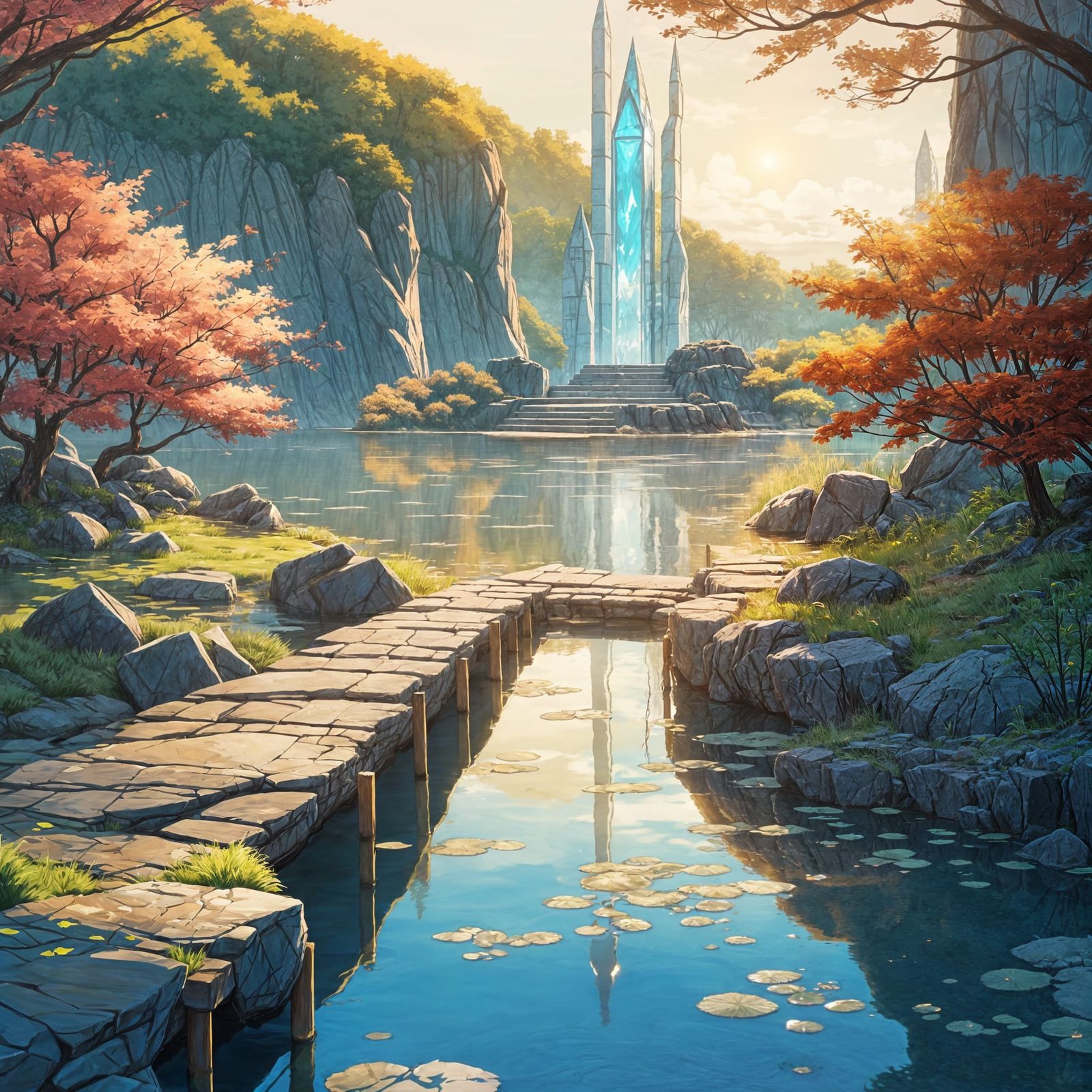 Crystal City Floating on Lake in Anime Style