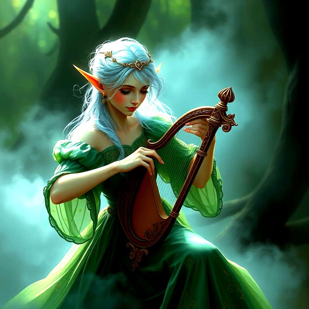 Ethereal Elf Harpist in Misty Landscape
