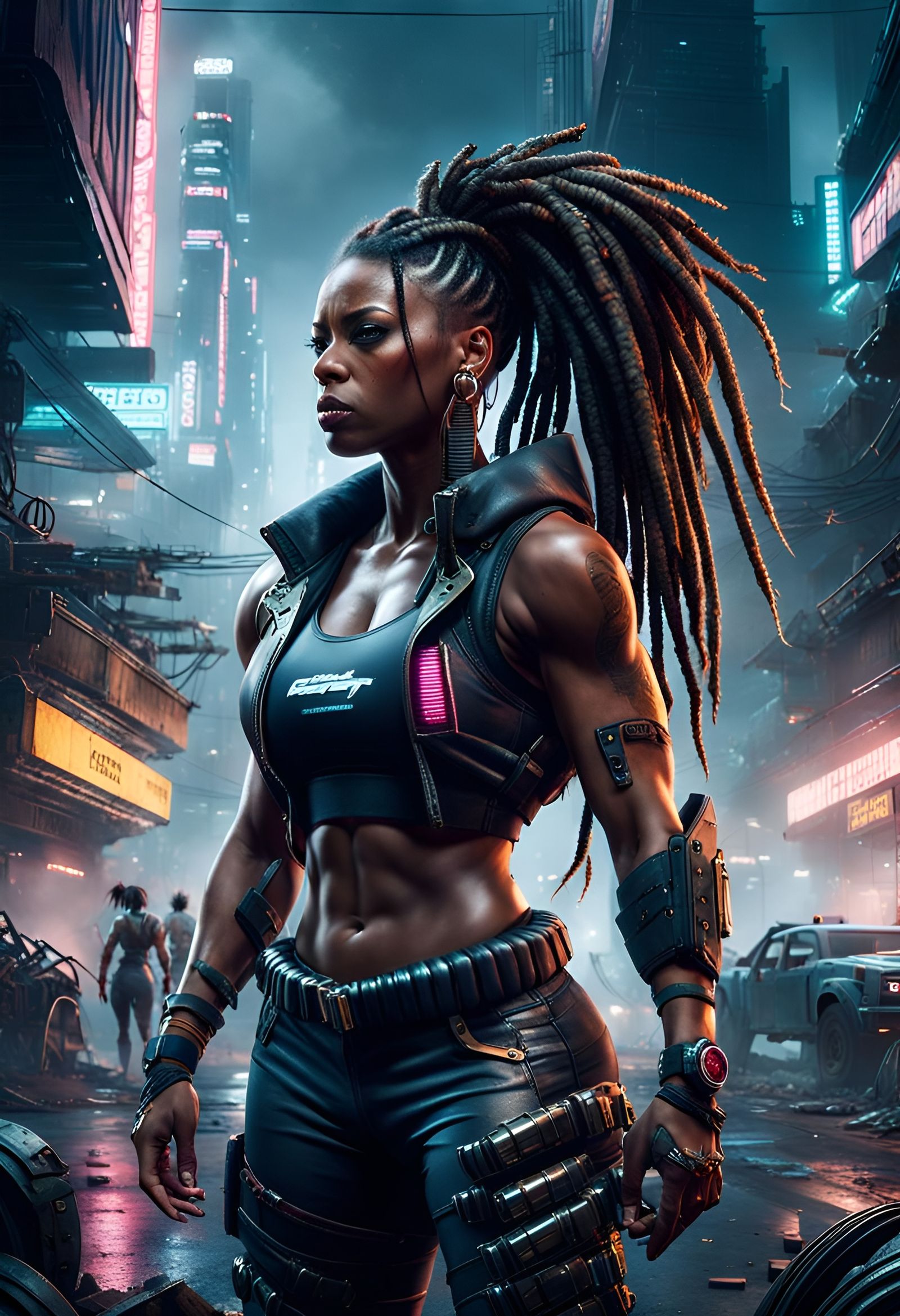 Cyberpunk Cyborg Bodybuilder in Dystopian Cityscape