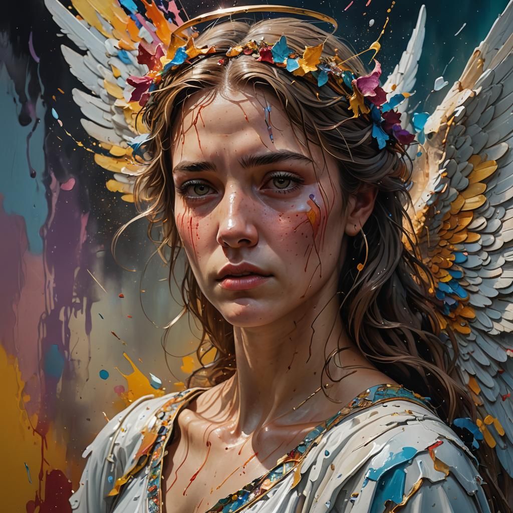 Sad Angel Woman in Hyperrealistic Splash Art