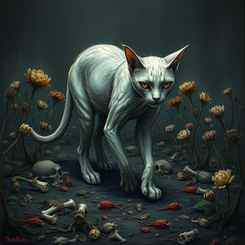 Pale Cat of Death in Decaying Flower Field