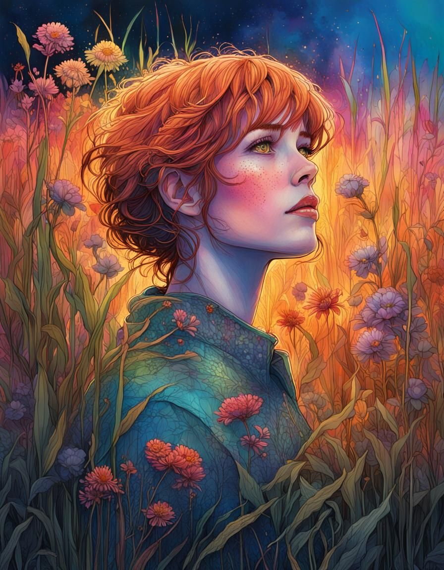 Portrait of a Woman Surrounded by Neon Wildflowers
