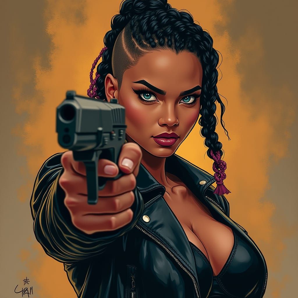 Confident Samoan Woman with Glock in Comic Art