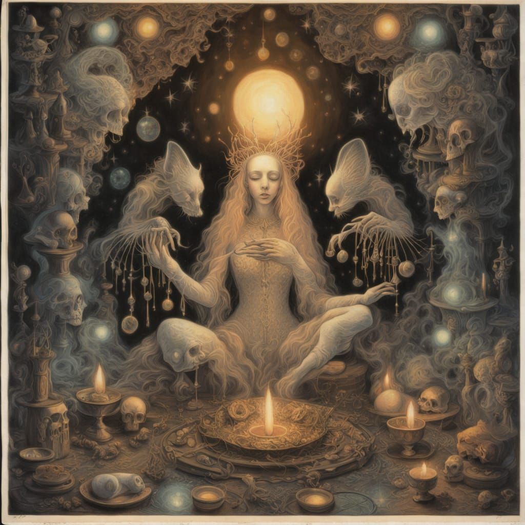 Ethereal Witch With Black Cat Amidst Skulls and Stars