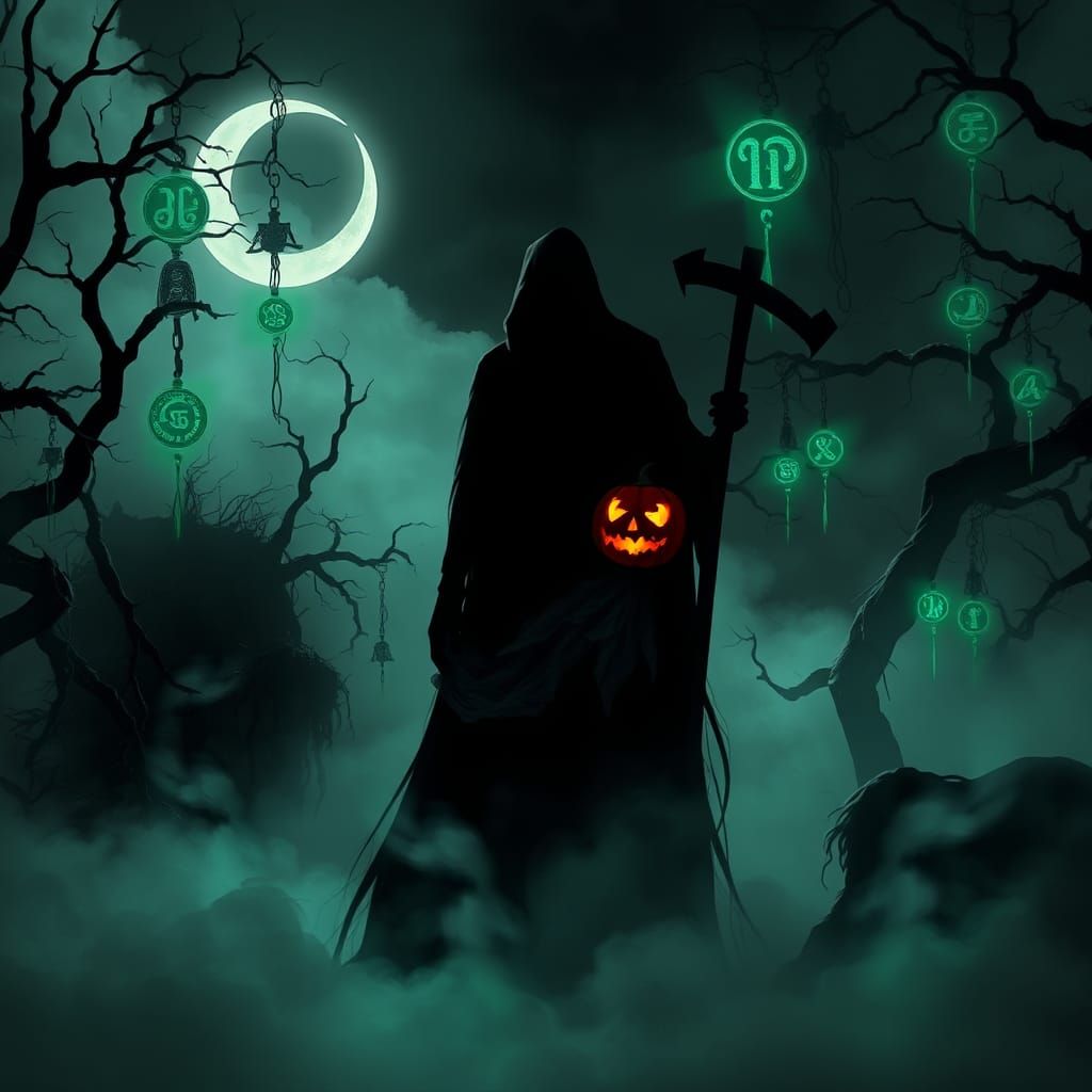 Ethereal Halloween Scene with Shadowy Wraith Figure