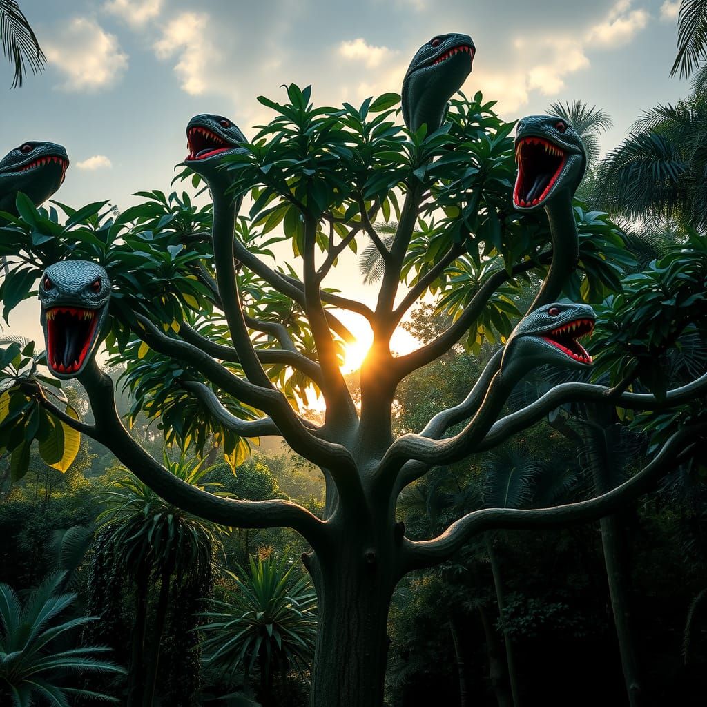 Surreal Rainforest Tree with Snake Heads and Glowing Eyes