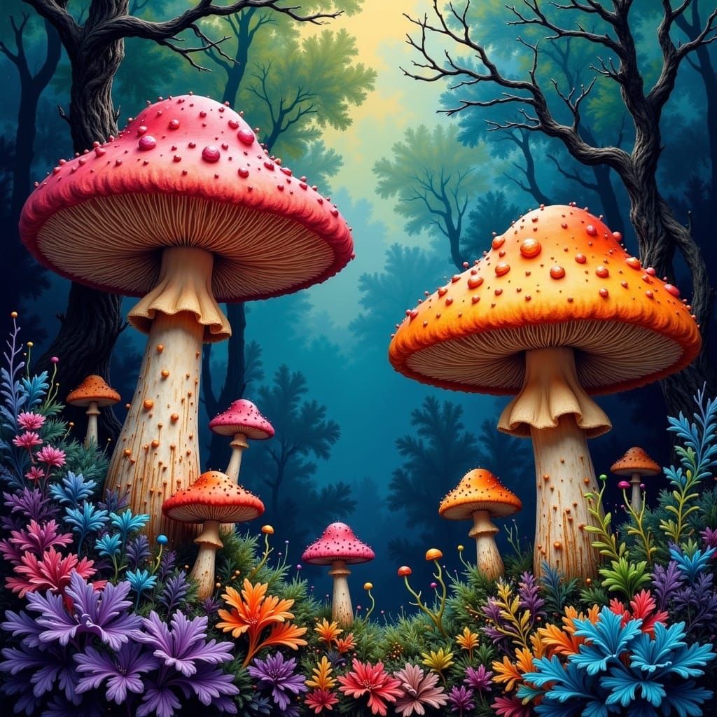 Vibrant Mystic Forest with Colorful Mushrooms