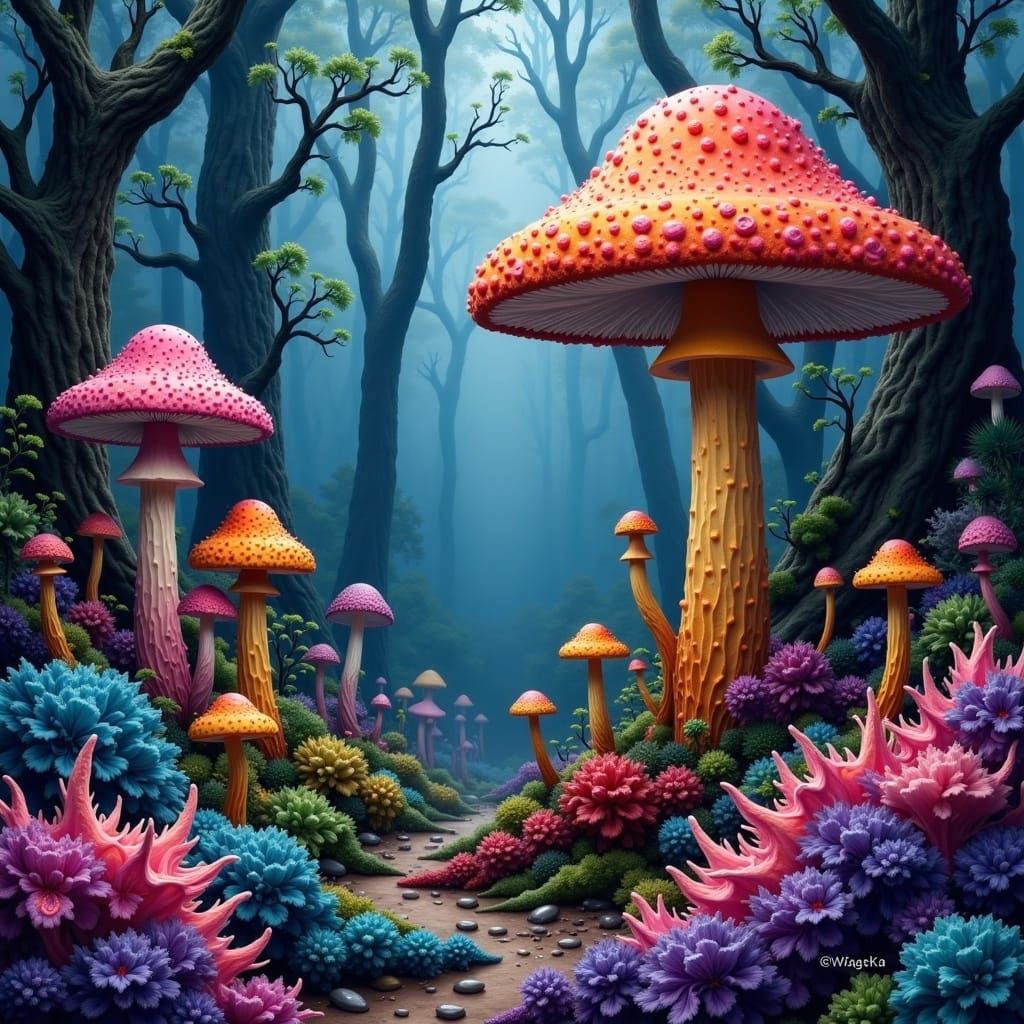 Vibrant Mushroom Forest in Whimsical Realism
